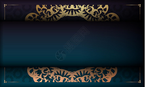 印度金首饰和标识或文字位置的蓝色梯度横幅卡片边界夹子金子黄铜反射证书艺术插图标签背景图片