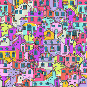 手绘背景与涂鸦房子格局织物插图街道卡片建筑纺织品艺术装饰品房屋背景图片