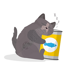 猫抱着鱼有趣的胖子猫抱了一罐食物 满意的猫贴纸 对明信片 T恤和正面主题都有好处设计图片