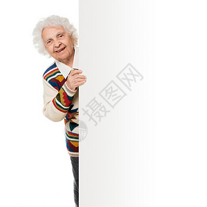 老年妇女与广告委员会并列空白女士白色母亲边缘老年病白发空间站祖母微笑背景图片