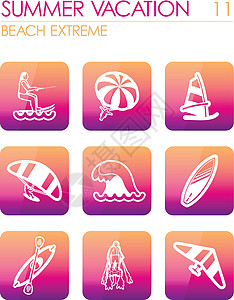 极端水运动图标集 夏季风筝假期海滩风帆活动降落伞皮艇海浪飞板滑雪背景图片