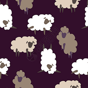 不同姿势的滑稽绵羊在紫色背景上摆出无缝图案背景图片