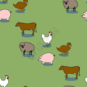 柯尔鸭鸡羊牛猪鸭简单编辑无缝图案手卓尔孩子们羊肉卡通片农田配种奶牛乡村畜牧业小鸡插图插画