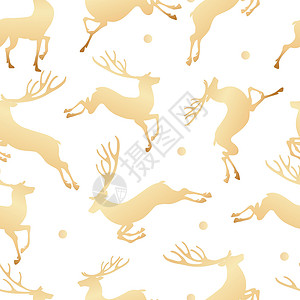 黄金奶源带无缝模式上的鹿剪影 带点的白色背景上的黄金动物 矢量图插画