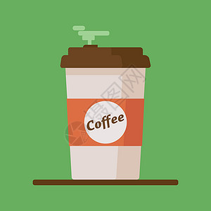 咖啡杯图标 带绿色背景上的文本咖啡 它制作图案平面矢量拿铁泡沫塑料纸板饮料咖啡店奶油食物持有者液体插画