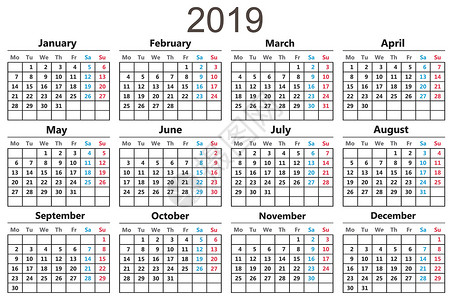 日历数字日历 2019 矢量插图 平面设计 在白色背景上被隔离规划师日记蓝色红色季节警报商业办公室数字桌子插画