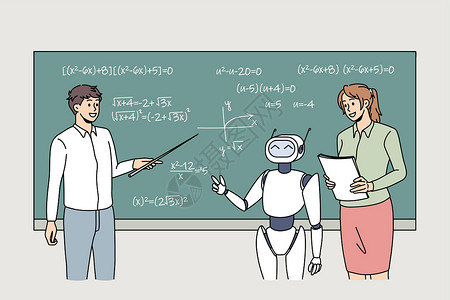 机器人课数字机器人在课堂上帮助教师插画