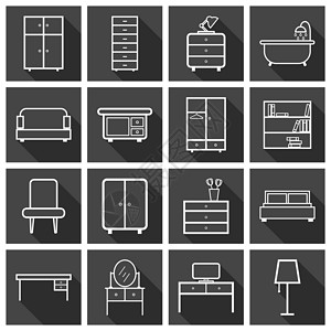 黑色卧室家具图标集 黑色背景上的平面矢量图 网页设计的通用图标桌子插图电视座位房子沙发酒吧长椅胸部扶手椅插画