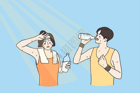喝啤酒女孩饮用水和炎热的夏天概念插画