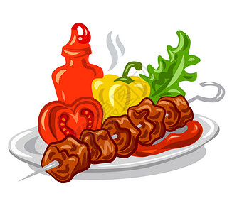 沙拉肉烤热卡巴炙烤烧烤羊肉午餐盘子食物小吃家禽蔬菜胡椒插画