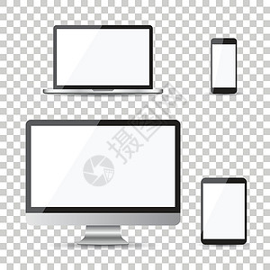 台式显示器现实设备平面图标和台式计算机 孤立背景上的矢量图解药片电脑手机空气软垫电子空白屏幕桌面电话设计图片