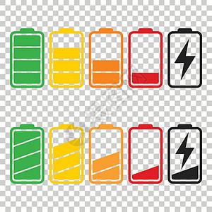 在孤立的背景上设置的电池图标矢量 电池电量满和低的符号 电池电量平面矢量图解金属玻璃化学品加载力量电气累加器碱性插图电压背景图片