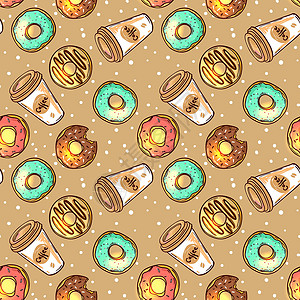 您设计的甜甜圈食物巧克力咖啡油炸糕点手绘小吃蛋糕馅饼咖啡店背景图片