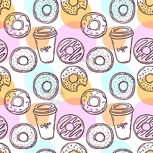 手绘甜甜圈食物咖啡店巧克力粉色甜点蛋糕草图咖啡素描矢量背景图片