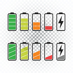 在孤立的背景上设置的电池图标矢量 电池电量满和低的符号 电池电量平面矢量图解按钮技术艺术细胞活力力量电气燃料红色累加器插画