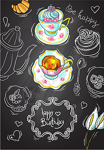 蛋糕茶点茶和糖果的顶级竞争杯子卡片叶子早餐食物蓝色蛋糕液体明信片黑板插画