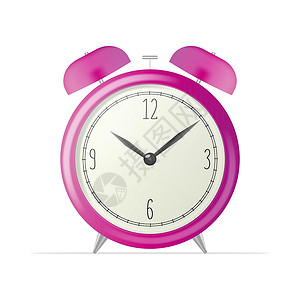 粉色猫咪闹钟现实的办公时钟 紫色的后退闹钟在白色背景上被孤立 插图设计图片