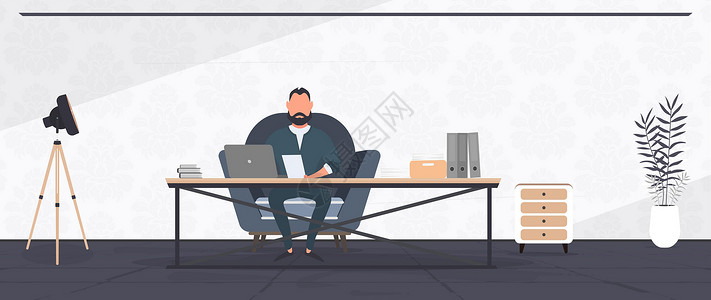 椅子旁玩电脑一个戴眼镜的人坐在他办公室的桌子旁 一个男人在笔记本电脑上工作 办公室沙发书架商务人士落地灯 办公室工作理念 向量椅子男性成功男设计图片