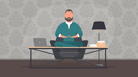 居家男性坐在床上用电脑查阅资料办公室有卡通风格的男子默思 工作上瑜伽 商务人士在桌上用电脑放松莲花姿势设计图片