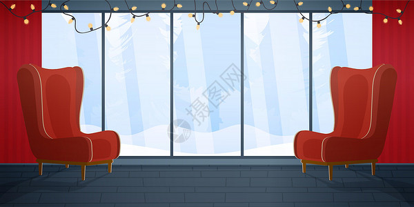 雪堆里小雪人圣诞大厅设有俯瞰森林的大型全景窗户 红色复古扶手椅 带灯泡的花环 森林里的冬天 向量插画