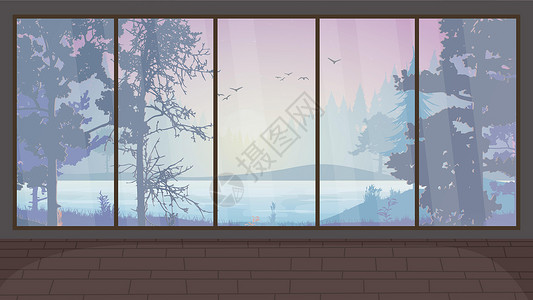 全景窗户窗外的森林 矢量室 这里有一大片全景窗口桦木阳光窗户家具木头季节树木叶子公寓花园插画