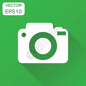 绿色照片相机摄影师图标 商业概念摄影相机象形文字 带有长阴影的绿色背景的矢量图解框架电影像素工具插图照片按钮镜片技术摄像机插画