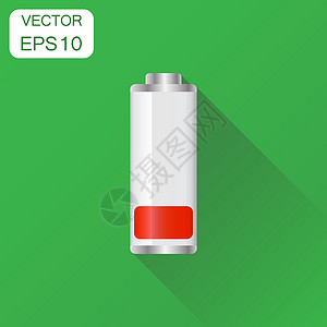 电池电量指示器图标 商业概念电池象形图 带有长阴影的绿色背景的矢量图解充值测量容量技术指标电压力量活力来源电气插画