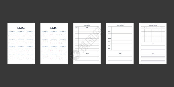 经典严格风格的 2022 2023 日历和每日每周每月个人计划日记模板 商务笔记本月历个人日程极简主义内敛设计 星期从周日开始规背景图片