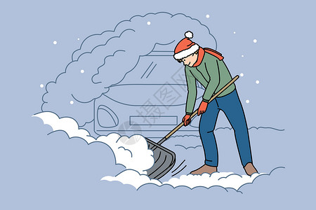 男人铲子在下雪的冬天 da 上挖出汽车设计图片