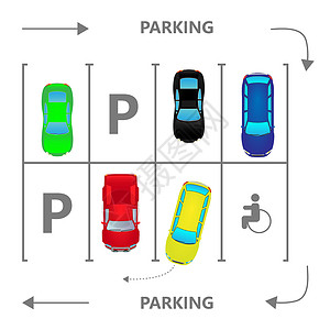 汽车停车区顶视图城市停车场矢量图 平面样式的不同汽车 停车区街道图表驾驶运输信息横幅沥青车辆民众插图设计图片