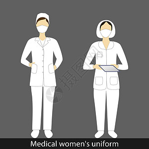 穿着手术服在文件夹上签字的医生穿着医疗服和各种设计面具的女性 矢量图和两个不同的医生在 gre 上的白色制服插画