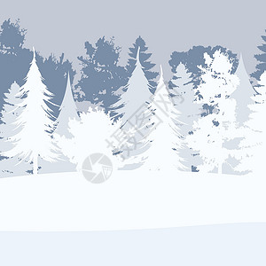 雪中森林平坦的白雪森林 冬天在森林背景中 广场明信片 矢量插图设计图片