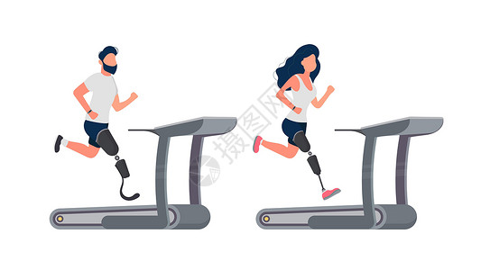 脚戴铁球一群有假腿的人 一男一女戴着假肢在跑步机上跑步 孤立 向量插画