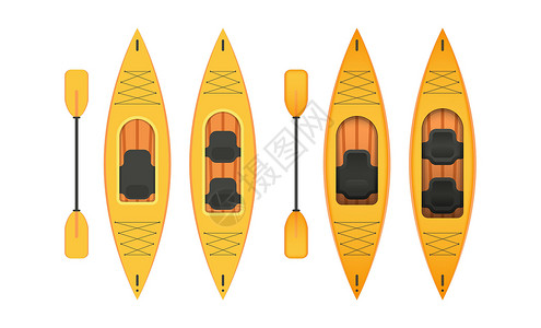 钓鱼皮艇一套黄色的皮艇 有桨 平板和卡通风格 用于单车和划线设计插画