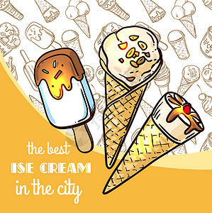 手绘冰淇淋插图圣代草图浆果水果食物海报锥体香草味道背景图片