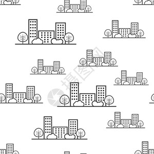 城市建筑无缝图案背景图标 商业平面矢量图 城市建筑物标志符号模式办公室部门公园店铺树木插图咖啡馆购物大学中心背景图片