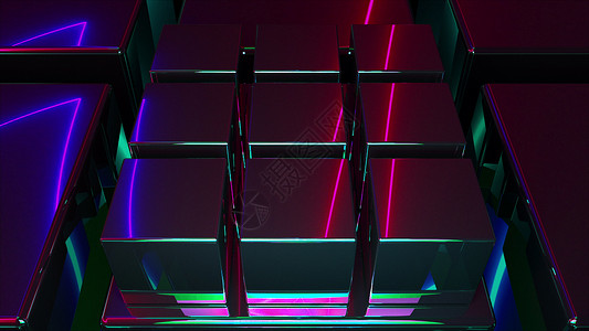 反射霓虹灯的立方体盒子激光插图坡度线条房间网络地面俱乐部门户网站背景图片