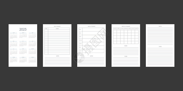 经典严格风格的 2023 年日历和每日每周每月个人计划日记模板 商务笔记本月历个人日程极简主义内敛设计 星期从周日开始规划师商业背景图片
