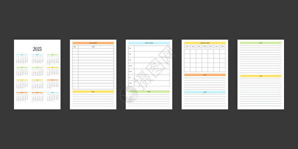 经典严格风格的 2025 年日历和每日每周每月个人计划日记模板 商务笔记本月历个人日程极简主义内敛设计 星期从周日开始记事簿网格设计图片