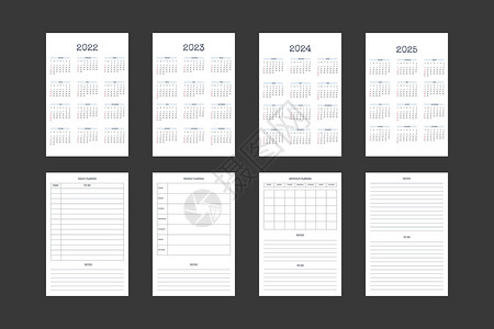 2022 2023 2024 2025 日历和每日每周每月个人计划日记模板采用经典严格风格 商务笔记本月历个人日程极简主义内敛设背景图片