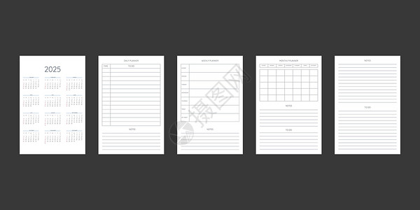 经典严格风格的 2025 年日历和每日每周每月个人计划日记模板 商务笔记本月历个人日程极简主义内敛设计 星期从周日开始规划师组织设计图片