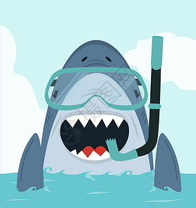 与鲨鱼一起潜水带潜水设备游泳的鲨鱼插画