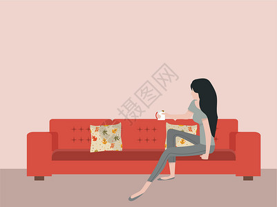 喝饮料的女孩坐在沙发上的女人和咖啡杯设计图片