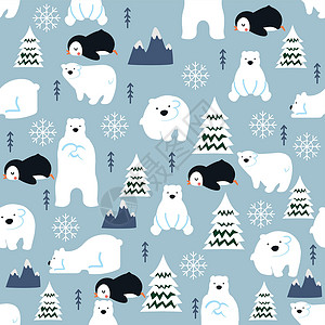 雪熊冬季与动物的无缝模式设计图片