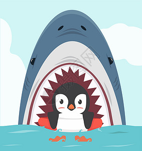 鲨鱼嘴企鹅与鲨鱼一起游泳的充气环插画