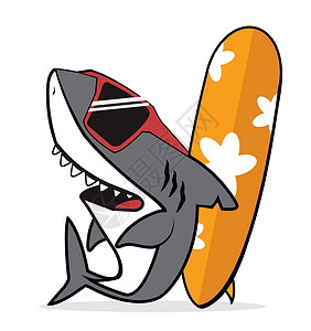 鲨鱼宝宝带有冲浪板的可爱鲨鱼刻画字符插画