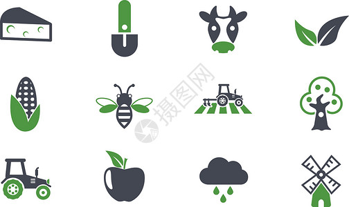 农业图标农业简单矢量图标果树粮食修炼者植物奶牛颜色蜜蜂面粉地面拖拉机插画