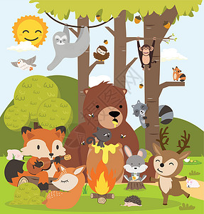 包米特色甜木林动物卡通画的特色狐狸季节卡通片森林哺乳动物野生动物孩子们兔子学校孩子插画