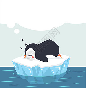 解冻浮冰可爱的小企鹅睡在冰河边插画