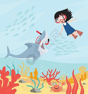 鲨鱼宝宝具有女孩潜水设备背景的 